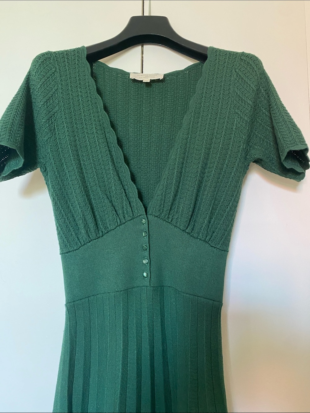 Sezane DAHLIA Dark Green Ribbed V-Neck Midi Dress - Picture 4 of 4